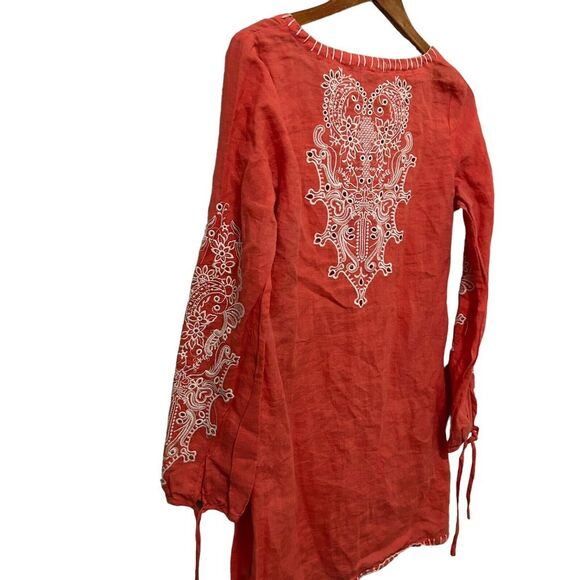 Monoreno Embroidered  100 % Linen Peasant Blouse Long Sleeve Salmon Red Small - Picture 9 of 15
